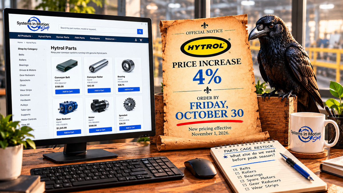 A desktop office scene showing a computer monitor with the System in Motion parts website, a large printed HYTROL price increase notice on parchment paper, a black raven figurine, a mug, and a notebook with checklist of spare parts to get for peak season.